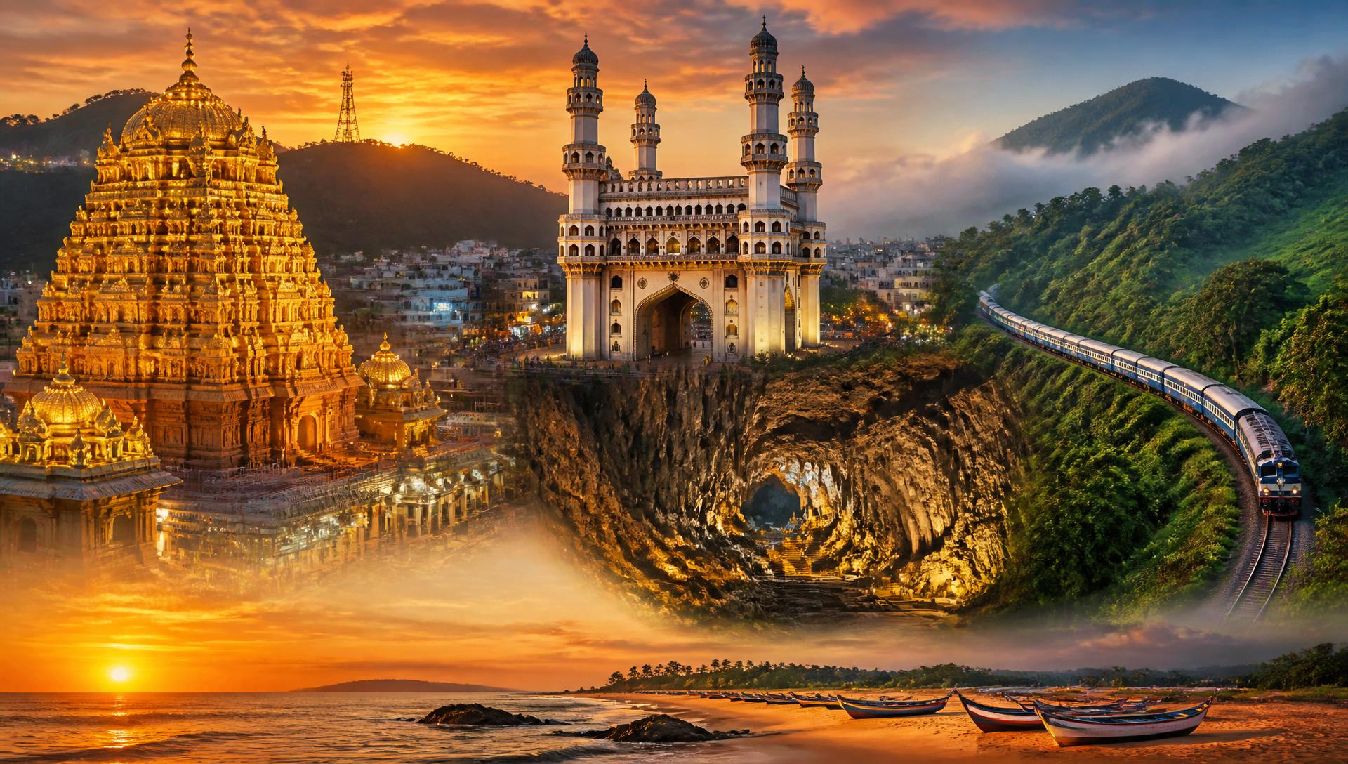 Andhra Pradesh — Tirupati temple, Charminar, Araku Valley train, Borra Caves and coastal sunsets.