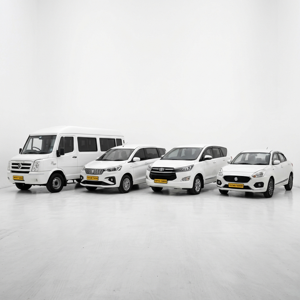 Fortune Travels fleet of clean tourism cars parked in a row on a Bengaluru street with a yellow Fortune Travels signboard