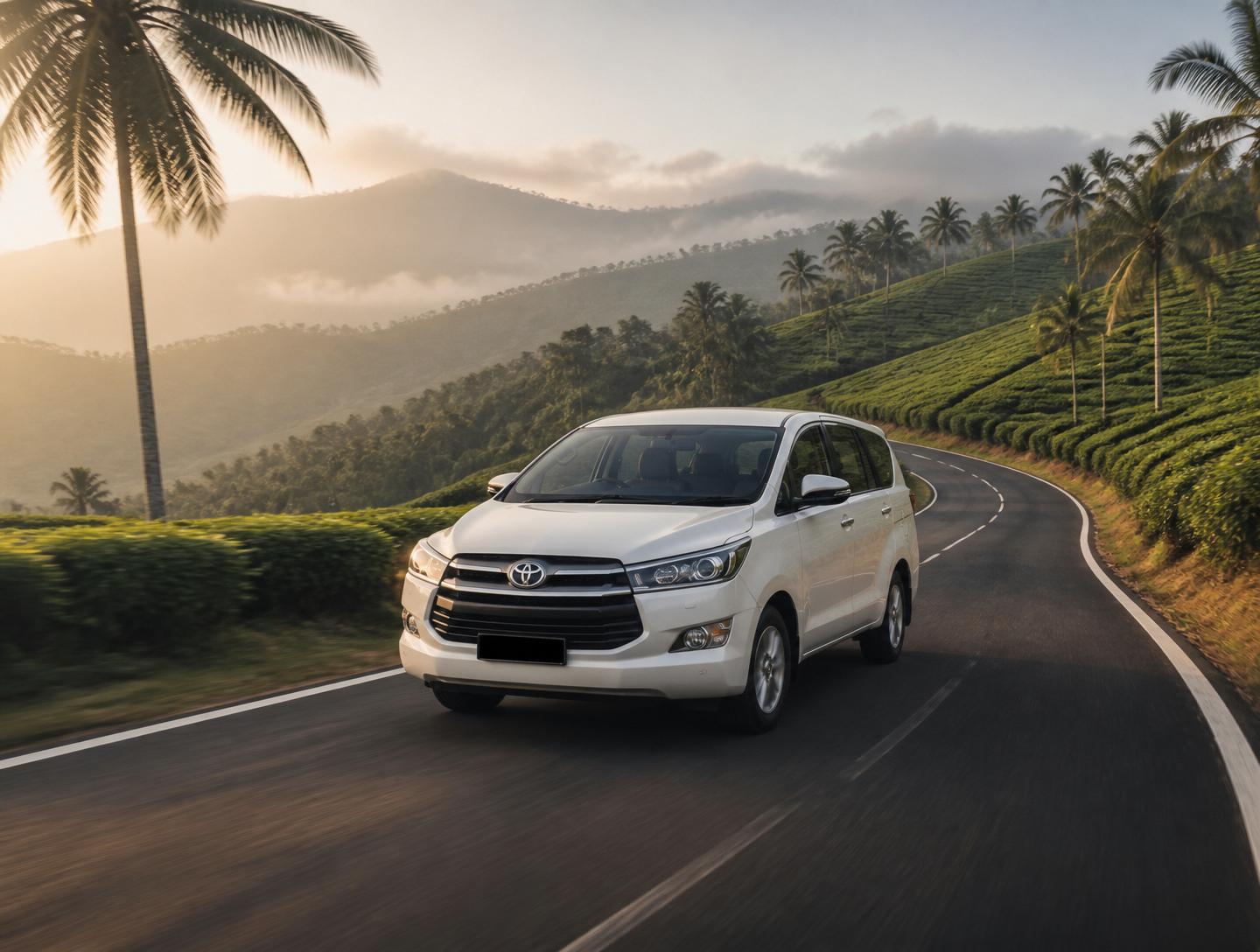 White Toyota Innova driving on a scenic tea-estate road in South India