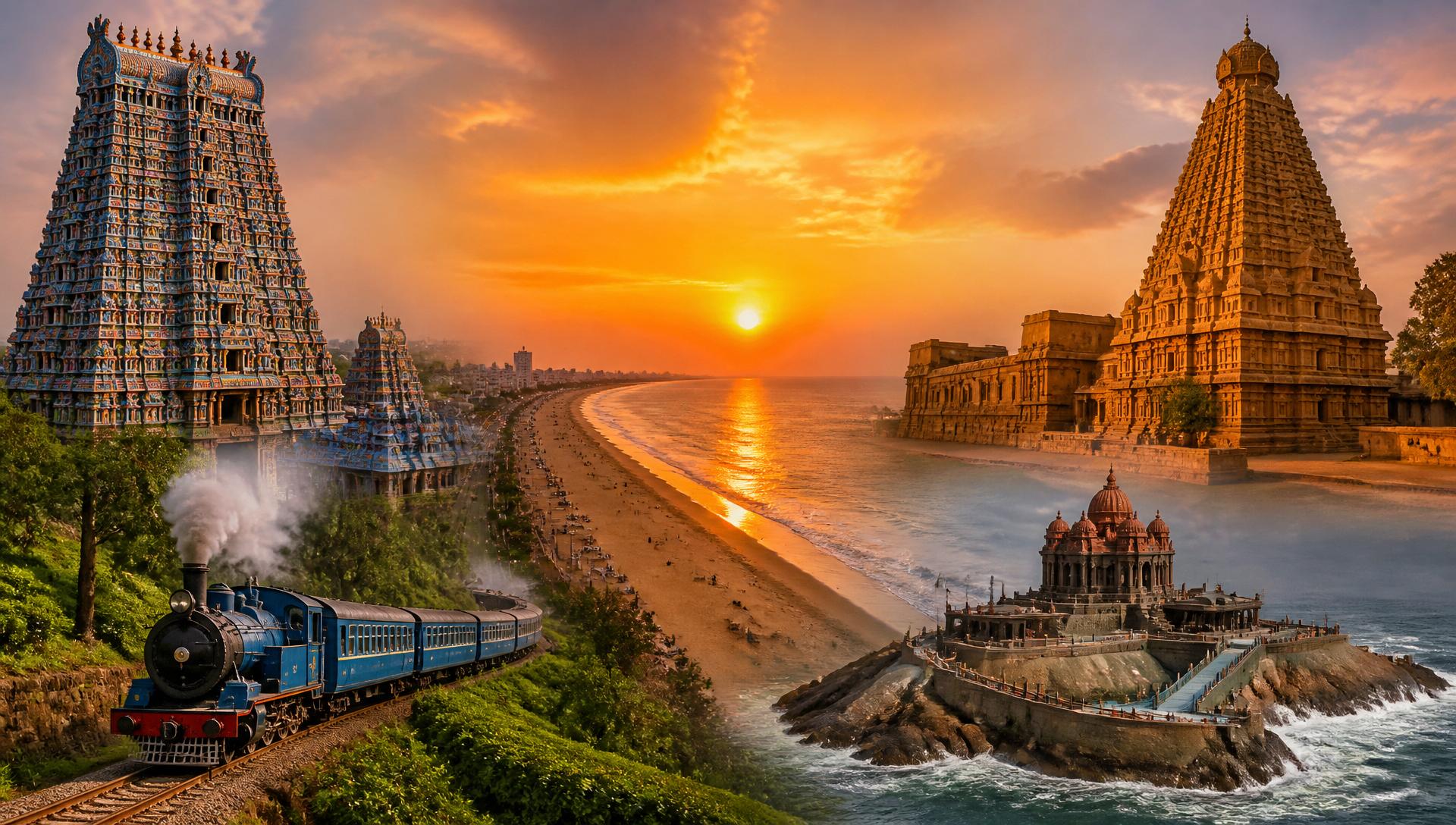 Tamil Nadu — Meenakshi Amman Temple, Brihadeeswarar Temple, Marina Beach, Nilgiri Railway and Vivekananda Rock.